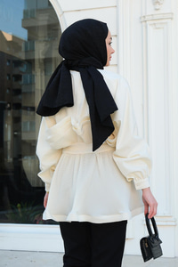 Önü Düğmeli Plise Detay Tunik Krem