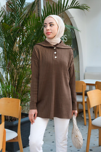 Önü Düğmeli Triko Kazak Kahverengi