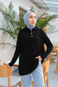 Önü Düğmeli Triko Kazak Siyah