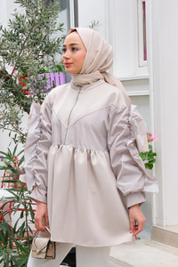 Önü Fermuarlı Bisiklet Yaka Tunik Bej