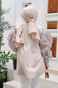 Önü Fermuarlı Bisiklet Yaka Tunik Bej