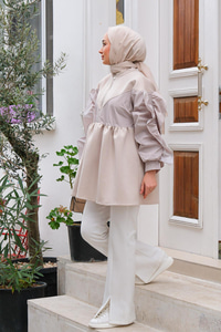 Önü Fermuarlı Bisiklet Yaka Tunik Bej