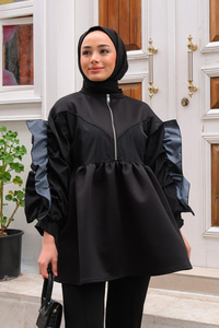 Önü Fermuarlı Bisiklet Yaka Tunik Siyah