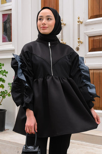 Önü Fermuarlı Bisiklet Yaka Tunik Siyah