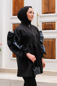 Önü Fermuarlı Bisiklet Yaka Tunik Siyah