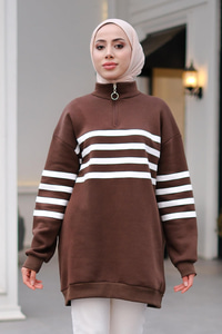 Önü Fermuarlı Çizgili Sweat Acı Kahve-Beyaz