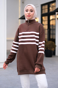 Önü Fermuarlı Çizgili Sweat Acı Kahve-Beyaz