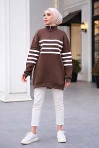 Önü Fermuarlı Çizgili Sweat Acı Kahve-Beyaz