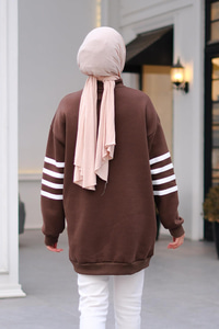 Önü Fermuarlı Çizgili Sweat Acı Kahve-Beyaz