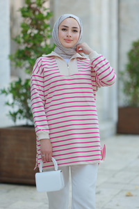 Önü Fermuarlı Çizgili Sweat Fuşya