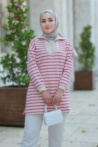 Önü Fermuarlı Çizgili Sweat Fuşya