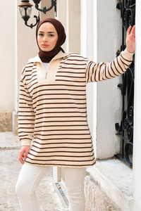Önü Fermuarlı Çizgili Sweat Kahverengi