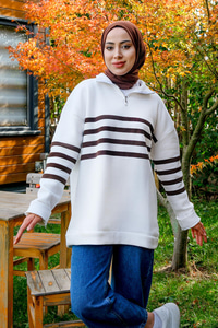 Önü Fermuarlı Çizgili Sweat Kahverengi