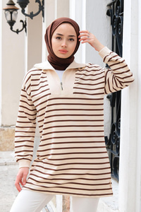Önü Fermuarlı Çizgili Sweat Kahverengi