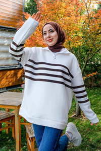 Önü Fermuarlı Çizgili Sweat Kahverengi