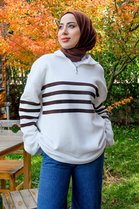 Önü Fermuarlı Çizgili Sweat Kahverengi