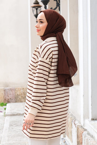 Önü Fermuarlı Çizgili Sweat Kahverengi