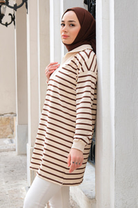 Önü Fermuarlı Çizgili Sweat Kahverengi