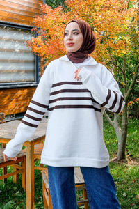 Önü Fermuarlı Çizgili Sweat Kahverengi