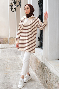 Önü Fermuarlı Çizgili Sweat Kahverengi