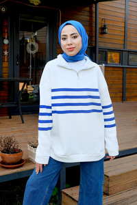 Önü Fermuarlı Çizgili Sweat Mavi