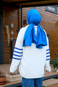 Önü Fermuarlı Çizgili Sweat Mavi