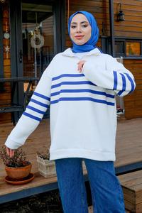 Önü Fermuarlı Çizgili Sweat Mavi