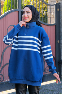 Önü Fermuarlı Çizgili Sweat Mavi-Beyaz