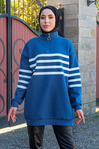 Önü Fermuarlı Çizgili Sweat Mavi-Beyaz