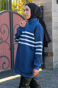 Önü Fermuarlı Çizgili Sweat Mavi-Beyaz