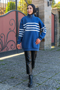 Önü Fermuarlı Çizgili Sweat Mavi-Beyaz