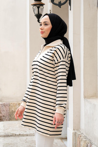 Önü Fermuarlı Çizgili Sweat Siyah