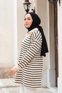 Önü Fermuarlı Çizgili Sweat Siyah