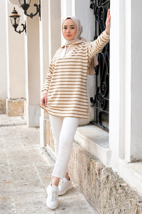 Önü Fermuarlı Çizgili Sweat Yağ Yeşil