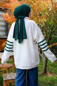 Önü Fermuarlı Çizgili Sweat Yeşil