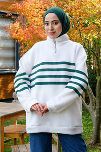 Önü Fermuarlı Çizgili Sweat Yeşil