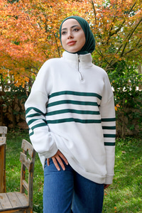 Önü Fermuarlı Çizgili Sweat Yeşil