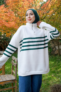 Önü Fermuarlı Çizgili Sweat Yeşil