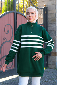 Önü Fermuarlı Çizgili Sweat Yeşil Beyaz
