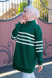 Önü Fermuarlı Çizgili Sweat Yeşil Beyaz