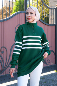 Önü Fermuarlı Çizgili Sweat Yeşil Beyaz