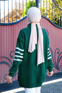 Önü Fermuarlı Çizgili Sweat Yeşil Beyaz