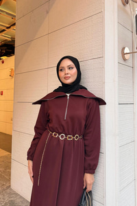 Önü Fermuarlı Elbise Bordo