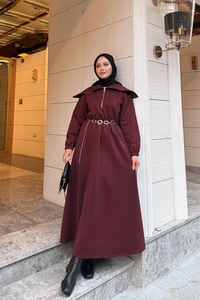 Önü Fermuarlı Elbise Bordo