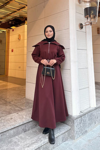 Önü Fermuarlı Elbise Bordo