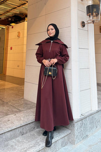 Önü Fermuarlı Elbise Bordo
