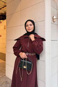 Önü Fermuarlı Elbise Bordo