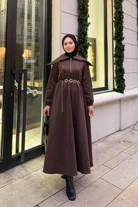 Önü Fermuarlı Elbise Kahverengi