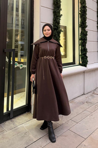 Önü Fermuarlı Elbise Kahverengi