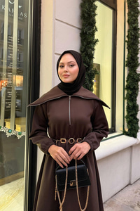 Önü Fermuarlı Elbise Kahverengi